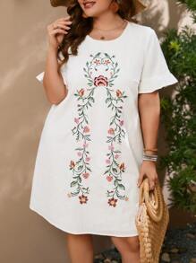 SHEIN VCAY Plus Floral Embroidery Flounce Sleeve Dress - White - View 4