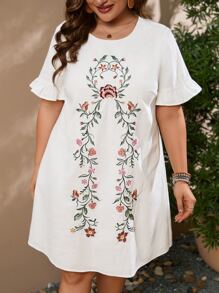 SHEIN VCAY Plus Floral Embroidery Flounce Sleeve Dress - White - View 6