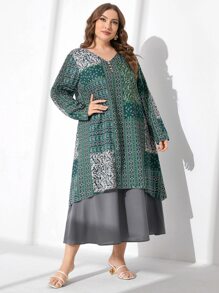 Mulvari Plus Geo & Paisley Print V Neck Dress - Multicolor - View 3