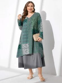 Mulvari Plus Geo & Paisley Print V Neck Dress - Multicolor - View 5