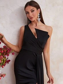 YISIKADO 單肩圍裹下擺正式連衣裙 - 黑色 - 查看 6