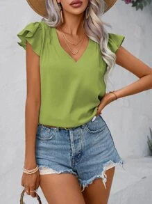 SHEIN VCAY 素色荷葉邊襯衫 - 綠色 - 查看 1