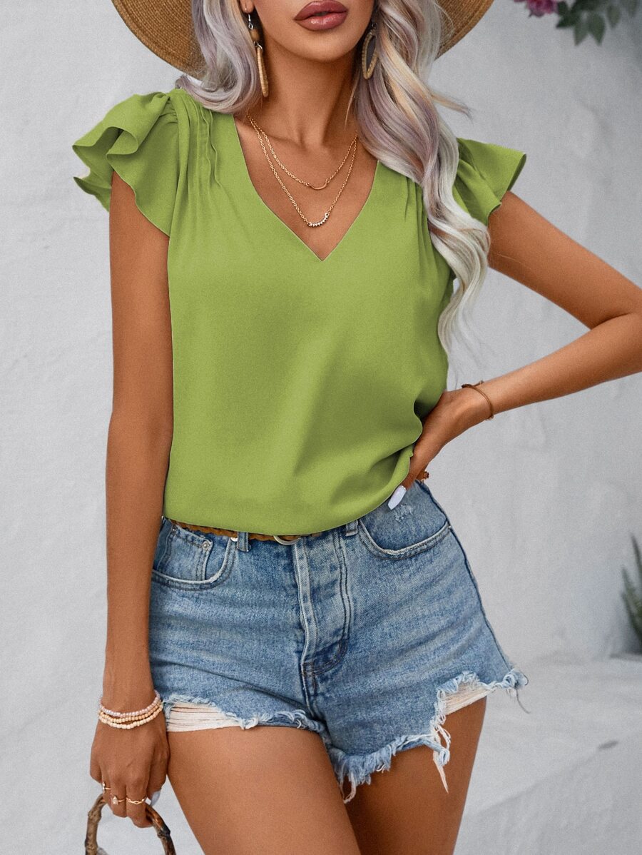 SHEIN VCAY 素色荷葉邊襯衫 - 綠色 - 查看 1