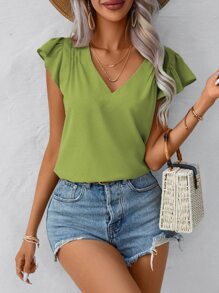 SHEIN VCAY 素色荷葉邊襯衫 - 綠色 - 查看 5