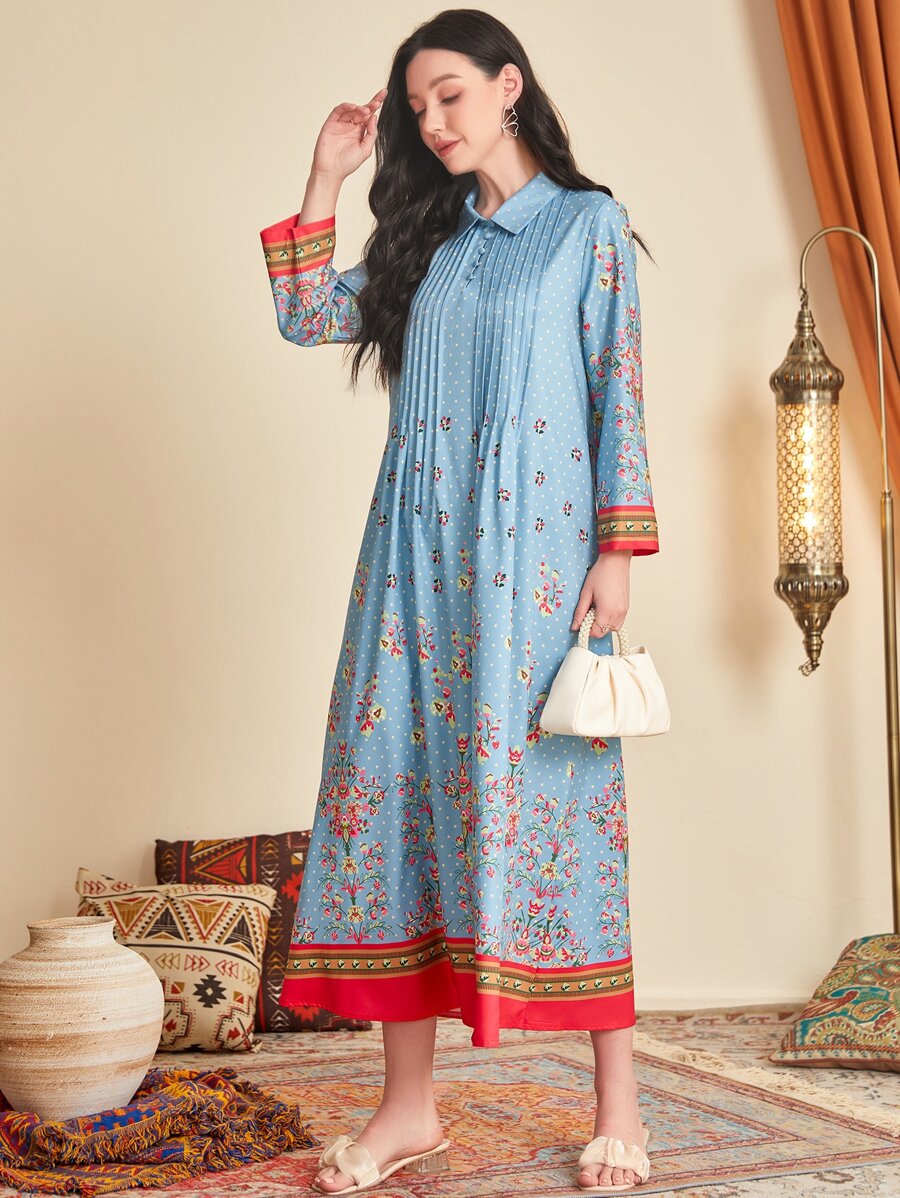 Divindia Floral Print Button Front Ethnic Dress - Blue - View 1