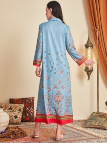 Divindia Floral Print Button Front Ethnic Dress - Blue - View 2