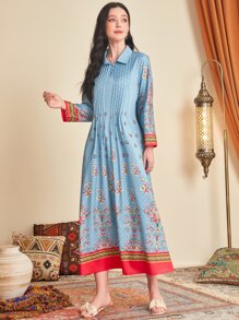 Divindia Floral Print Button Front Ethnic Dress - Blue - View 4
