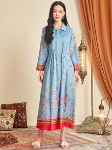Divindia Floral Print Button Front Ethnic Dress - Blue - View 5