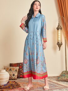 Divindia Floral Print Button Front Ethnic Dress - Blue - View 6