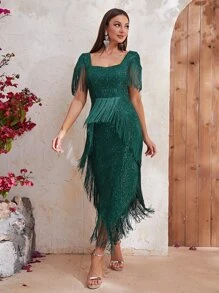 YISIKADO 流蘇邊不對稱下擺亮片洋裝 - 墨綠色 - 查看 2