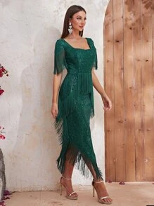 YISIKADO 流蘇邊不對稱下擺亮片洋裝 - 墨綠色 - 查看 4