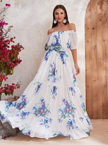 YISIKADO Floral Print Off Shoulder Ruffle Hem Chiffon Dress With Belt - Multicolor - View 1