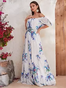 YISIKADO Floral Print Off Shoulder Ruffle Hem Chiffon Dress With Belt - Multicolor - View 6