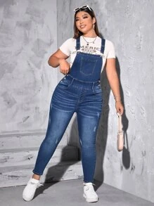 SHEIN EZwear 大碼貓抓痕牛仔背帶褲不帶T恤 - 深色水洗藍 - 查看 5