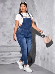 SHEIN EZwear 大碼貓抓痕牛仔背帶褲不帶T恤 - 深色水洗藍 - 查看 3