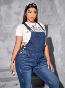 SHEIN EZwear 大碼貓抓痕牛仔背帶褲不帶T恤 - 深色水洗藍 - 查看 4