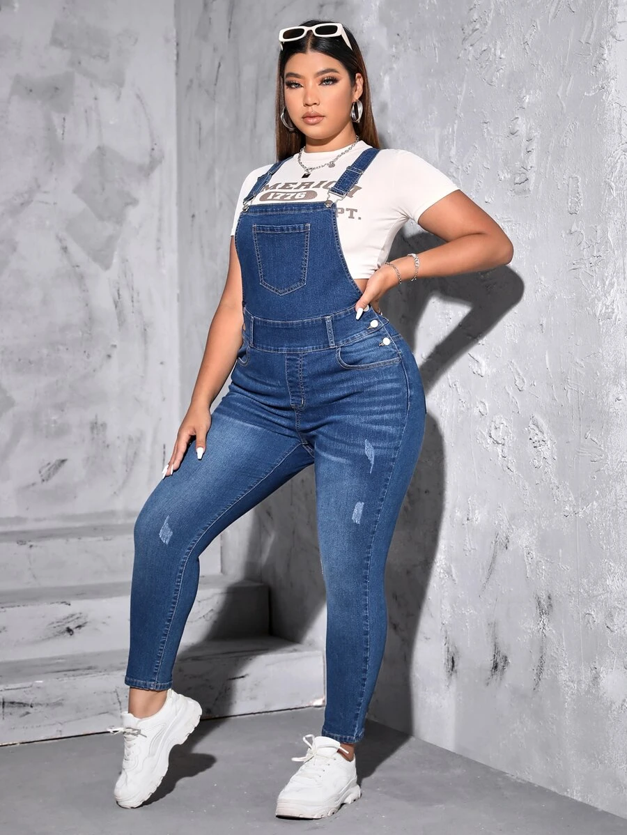 SHEIN EZwear 大碼貓抓痕牛仔背帶褲不帶T恤 - 深色水洗藍 - 查看 1