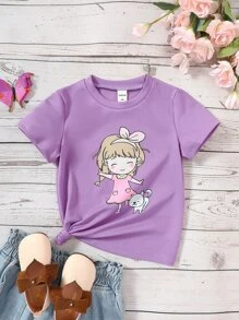 SHEIN 小女孩休閒卡通女孩印花短袖T恤帶圓領適合夏天
