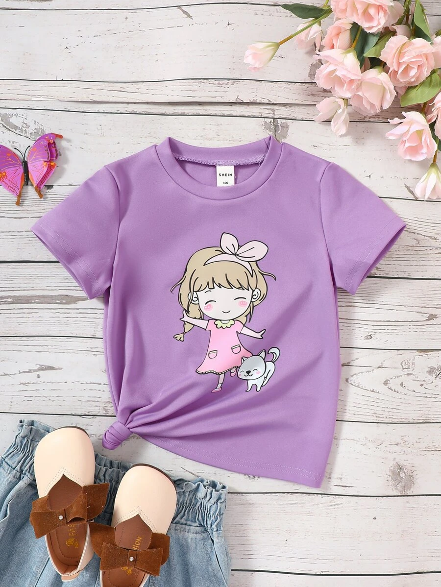 SHEIN 小女孩休閒卡通女孩印花短袖T恤帶圓領適合夏天