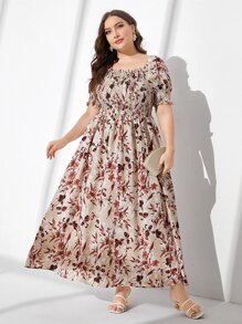 Mulvari 女士加大花卉印花方领长裙，夏季服装 - 彩色 - 查看 1