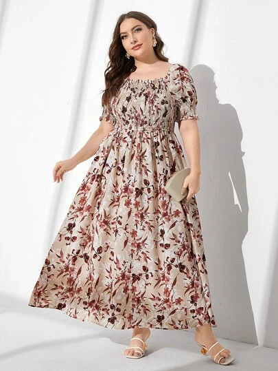 Mulvari Vestido largo estampado floral con cuello cuadrado para mujer de talla grande, conjunto de verano