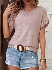 SHEIN VCAY 網眼刺繡荷葉袖T恤 - 藕粉色 - 查看 1