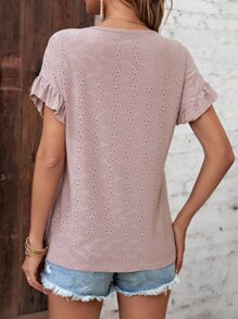 SHEIN VCAY 網眼刺繡荷葉袖T恤 - 藕粉色 - 查看 2