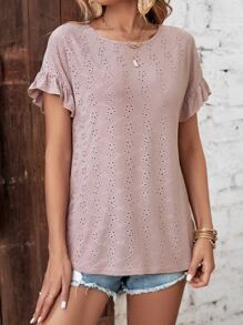 SHEIN VCAY 網眼刺繡荷葉袖T恤 - 藕粉色 - 查看 3