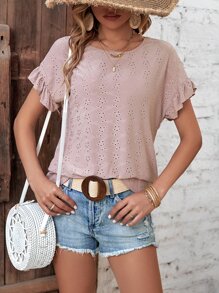 SHEIN VCAY 網眼刺繡荷葉袖T恤 - 藕粉色 - 查看 6