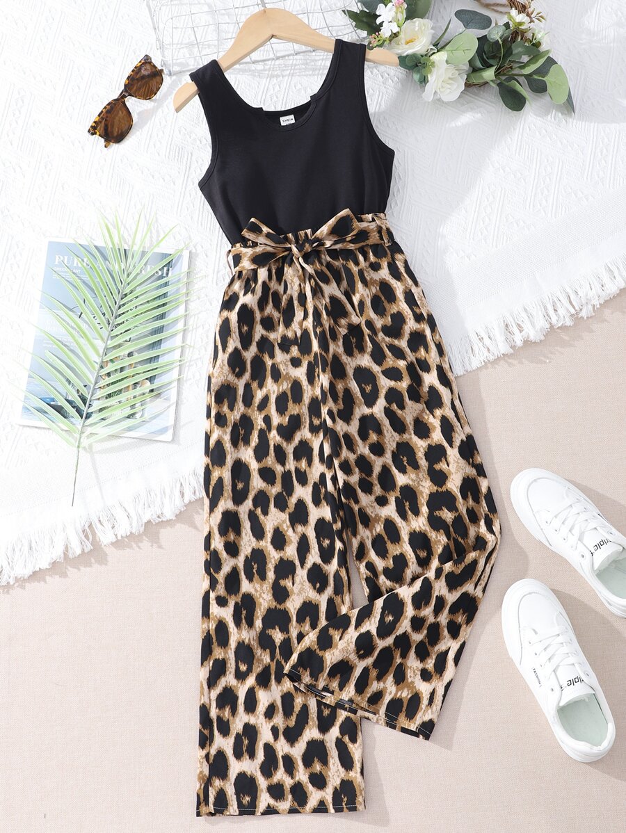 Girls Notched Neck Tank Top & Leopard Print Trousers - Multicolor - View 1