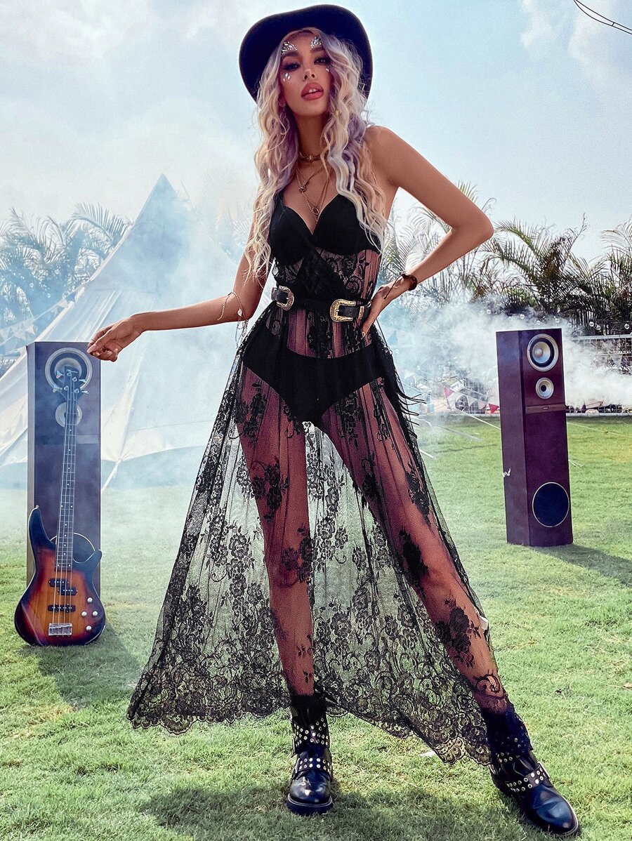 Breezaya 花卉蕾絲吊帶連衣裙不附腰帶不附帶內衣褲套裝 - 黑色 - 查看 1