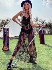 Breezaya 花卉蕾絲吊帶連衣裙不附腰帶不附帶內衣褲套裝 - 黑色 - 查看 3