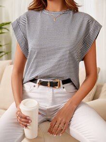 EURMUSE Striped Print Batwing Sleeve Tee - Multicolor - View 1