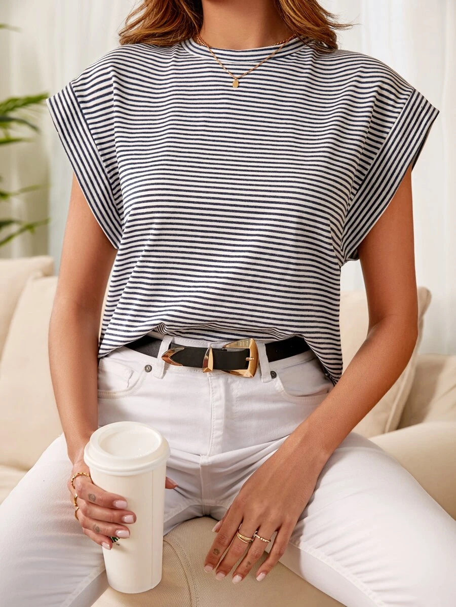 EURMUSE Striped Print Batwing Sleeve Tee - Multicolor - View 1