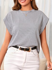 EURMUSE Striped Print Batwing Sleeve Tee - Multicolor - View 5