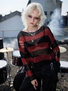 ROMWE Grunge Punk Summer Crochet Striped Pattern Drop Shoulder Sweater, School