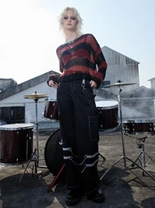 ROMWE Grunge Punk Summer Crochet Striped Pattern Drop Shoulder Sweater, School