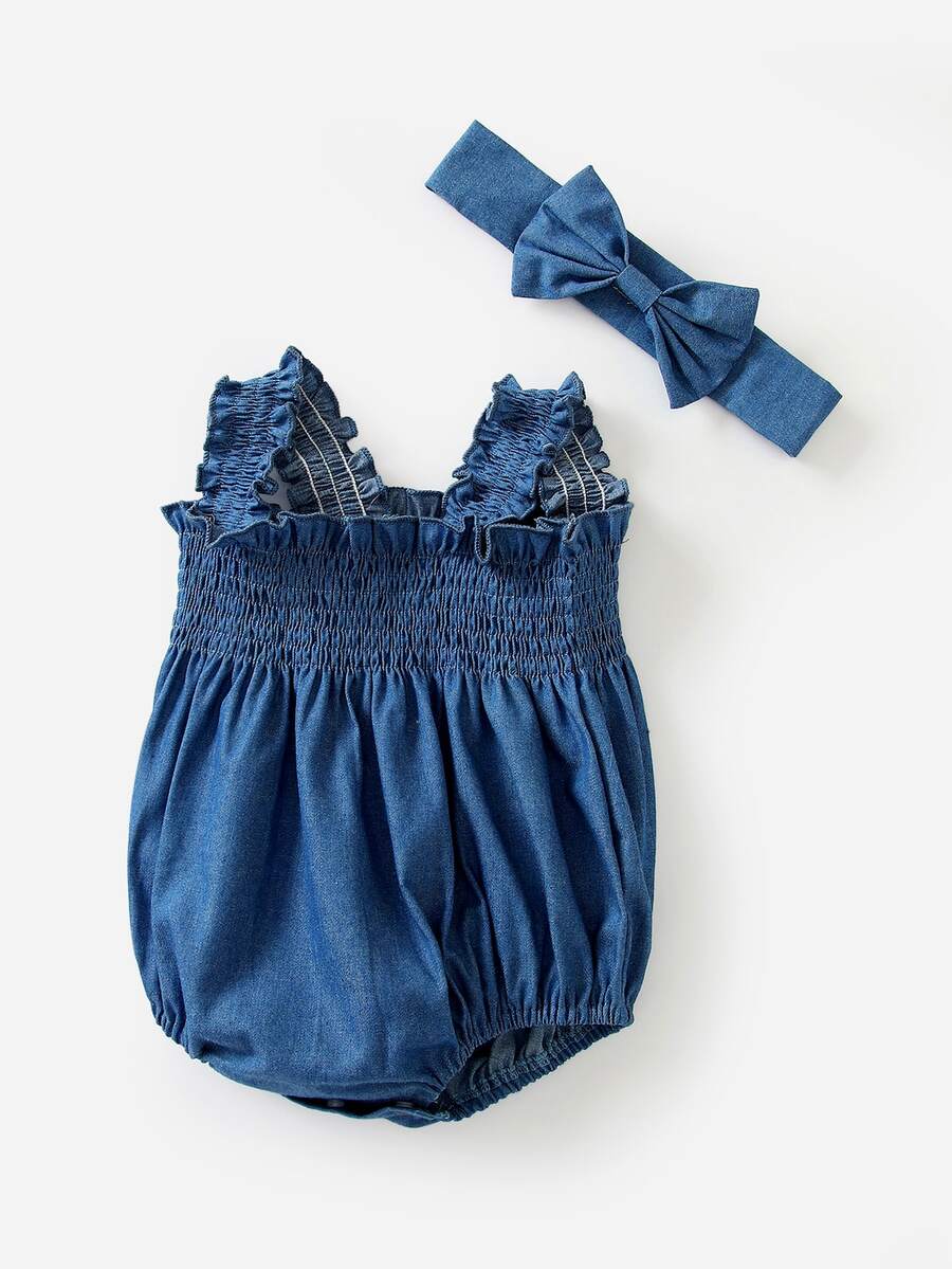 Dark Blue Baby Girl Wide Strap Bag Fart Bodysuit With Headband - Blue - View 1