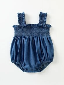 Dark Blue Baby Girl Wide Strap Bag Fart Bodysuit With Headband - Blue - View 2