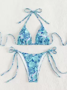 Swim Vcay Bộ Bikini In Hình Allover Đi Biển Mùa Hè Halter Triangle Bra & Tie Side Bottom 2 Mảnh Bikini - Nhiều màu - Xem 1