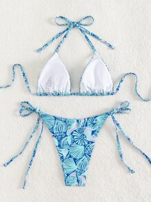 Swim Vcay Bộ Bikini In Hình Allover Đi Biển Mùa Hè Halter Triangle Bra & Tie Side Bottom 2 Mảnh Bikini - Nhiều màu - Xem 2