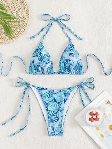 Swim Vcay Bộ Bikini In Hình Allover Đi Biển Mùa Hè Halter Triangle Bra & Tie Side Bottom 2 Mảnh Bikini - Nhiều màu - Xem 3