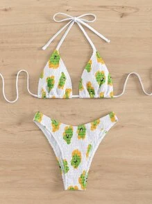 全身印花縮褶掛脖三角夏季海灘比基尼套裝 - 白色 - 查看 1