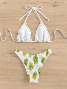 全身印花縮褶掛脖三角夏季海灘比基尼套裝 - 白色 - 查看 4