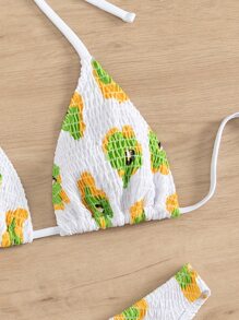 全身印花縮褶掛脖三角夏季海灘比基尼套裝 - 白色 - 查看 6