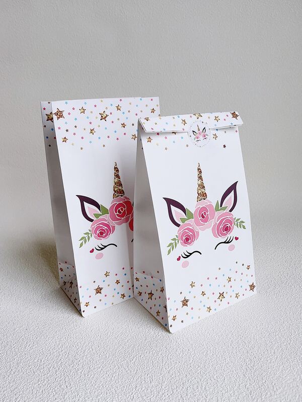 حقيبة هدايا وحيد القرن، حقيبة تعبئة مطبوعة ملونة (٥.١ * ٣.١٤ * ٩.٤٣بوصة) مع ٦ قطع في العبوة، ٦ ملصقات وجيب تخزين، أكياس تغليف لهدايا الحفلات