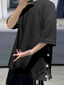 Manfinity Homme Loose-Fit Men's Letter Graphic Side Button T-Shirt Black Top ,Fall - Black - View 3