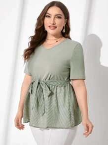Mulvari Plus Solid Self Belted Peplum Top - Mint Green - View 1