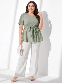Mulvari Plus Solid Self Belted Peplum Top - Mint Green - View 3
