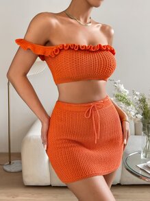 SHEIN Privé 一字肩褶邊針織短上衣和腰部抽繩針織短裙 - 橘色 - 查看 1